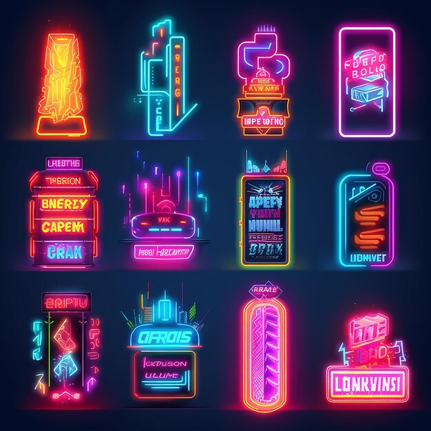 Futuristic neon car mockup illustration and neon game icons