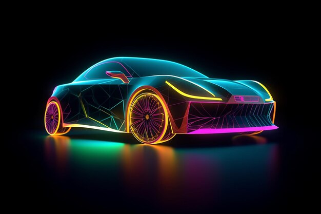 Foto illustrazione futuristica di un modello di auto al neon e icone di giochi al neon