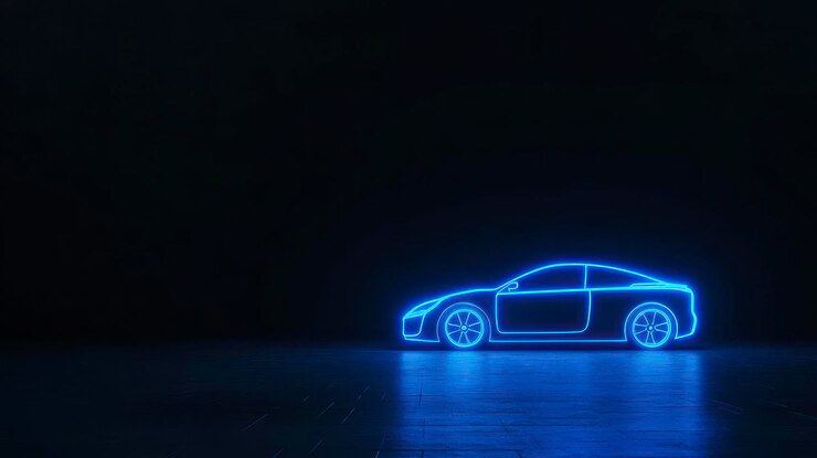 Фотография футуристический силуэт неонового автомобиля в темной обстановке
