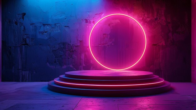 Photo futuristic neon circle on pedestal in moody room