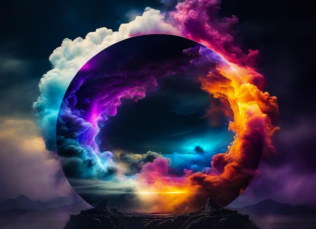 Futuristic neon circle with multicolored smoke dark background Fantasy AI