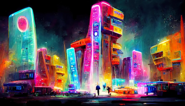 미래의 네온 도시 다채로운 디지털 페인팅