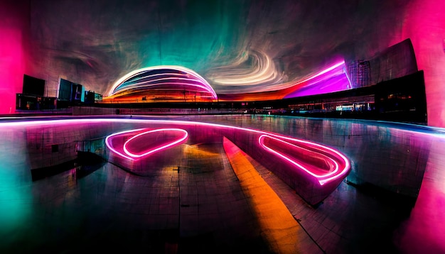 Futuristic neon city of the future Illustration of night street and building long exposure effect wide angle