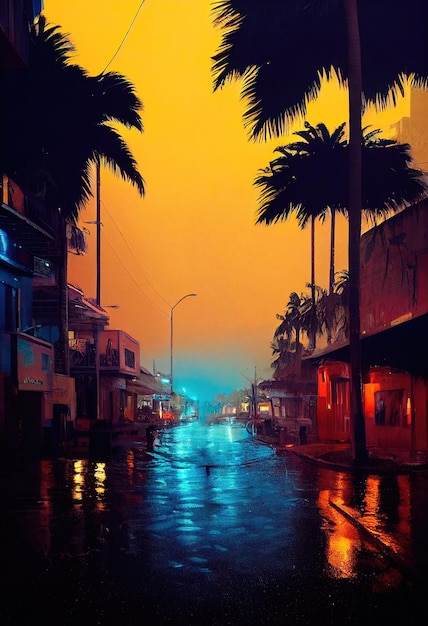 A futuristic neon city A rainy city street with palm trees