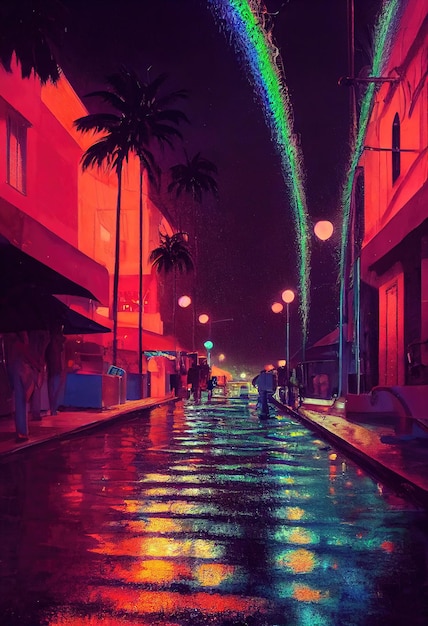 Футуристический неоновый город Дождливая городская улица с пальмами