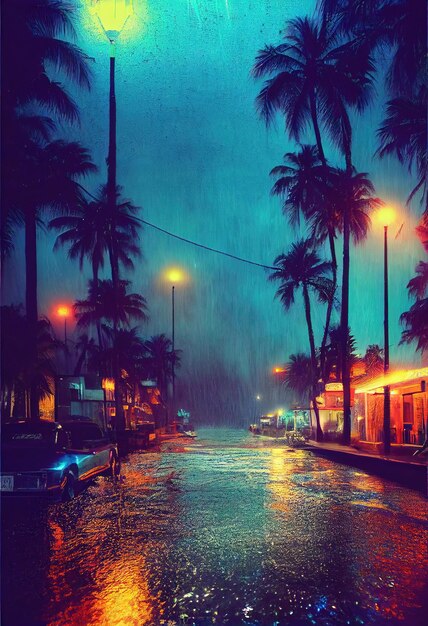 A futuristic neon city A rainy city street with palm trees