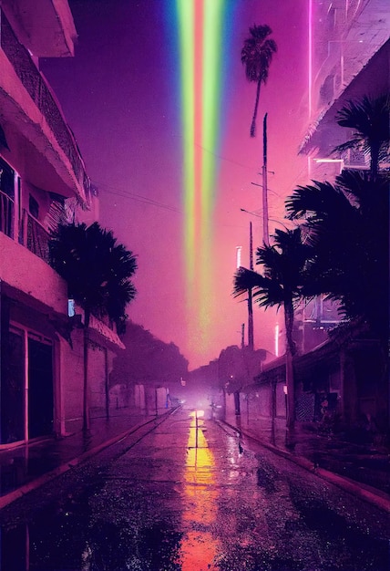 A futuristic neon city a rainy city street with palm trees