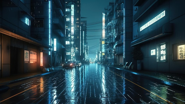 미래형 네온 도시 도로가 있는 비오는 도시 거리 가상 현실과 사이버 펑크의 개념