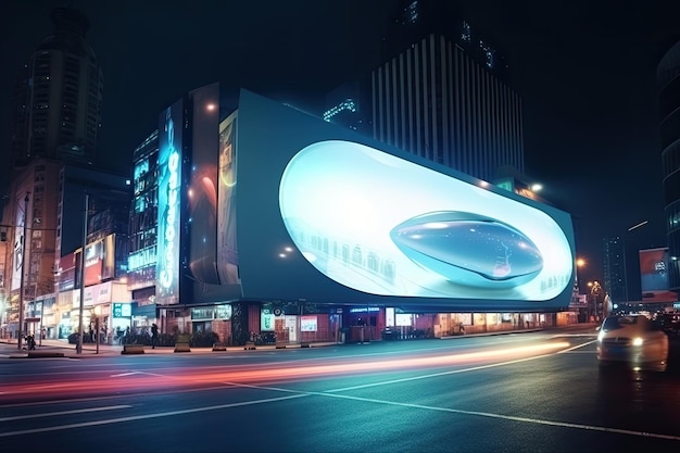 Photo futuristic neon city with billboard at street generative ai