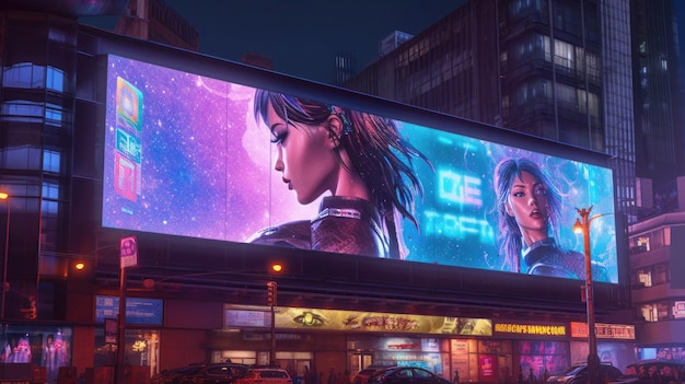 Futuristic neon city with billboard at street Generative AI