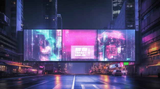 Futuristic neon city with billboard at street Generative AI