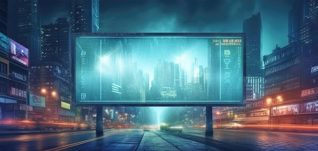 Photo futuristic neon city with billboard at street generative ai