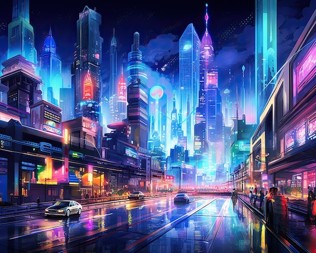 Futuristic neon cityscape at night