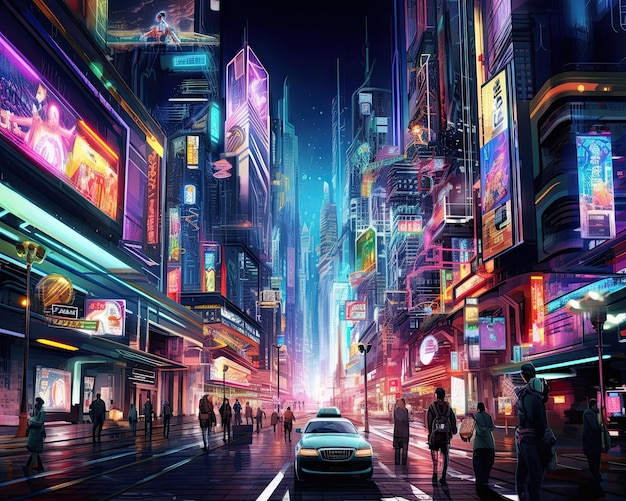 Futuristic neon cityscape at night