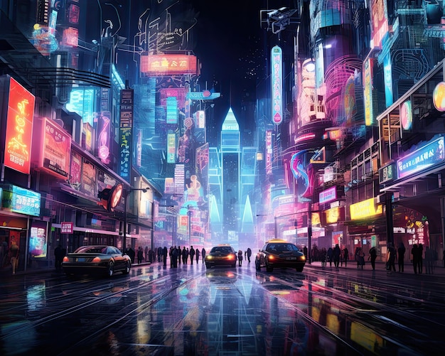 Futuristic neon cityscape at night