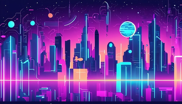ネオン光と高層ビルを背景にした未来的なネオン都市風景の壁紙