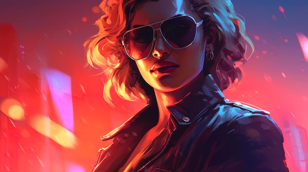 Futuristic neon colors illustration of beautiful woman portrait design in a cyberpunk city style