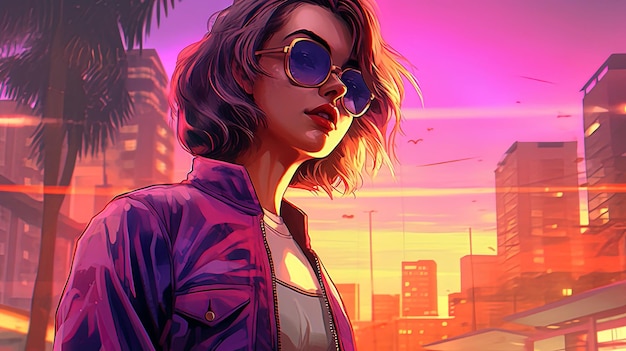 Futuristic neon colors illustration of beautiful woman portrait design in a cyberpunk city style