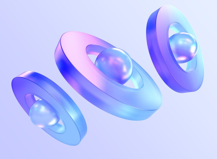 Photo futuristic neon composition with spheres and rings 3d render iridescent geometric shapes with holographic gradient texture abstract glass sculptures isolated graphic design objects