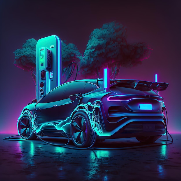 A futuristic neon electric car is being charged from a power plant Electric vehicle 3d illustration