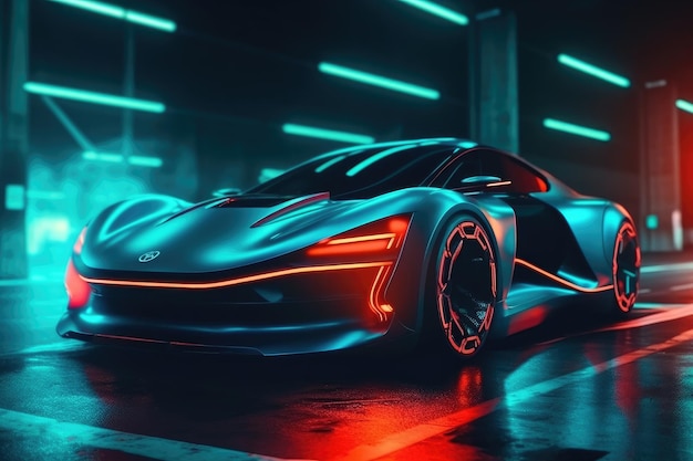 Futuristic neon electric car neon lights night view Generative AI