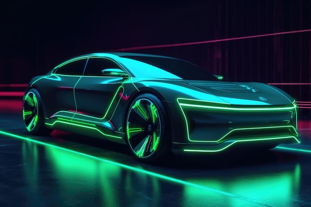 Futuristic neon electric car neon lights night view Generative AI