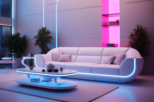 Futuristic Neon Fluorescent Tube Light Glowing Vibrant Night Club Leather Sofa By generative Ai