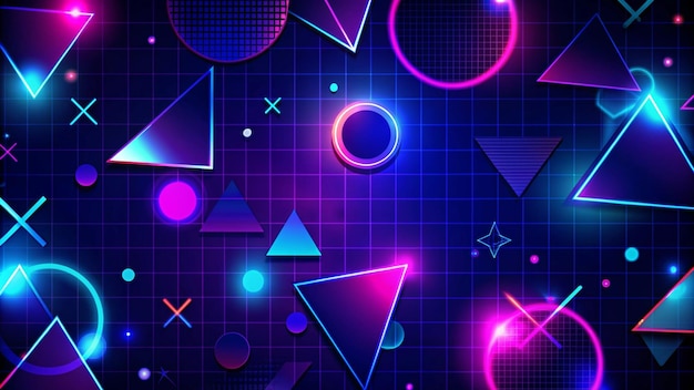 Futuristic neon geometric pattern with glowing shapes on a grid