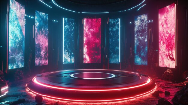 Futuristic Neon Glow with Platform and Digital Panels Cyberpunk SciFi ...