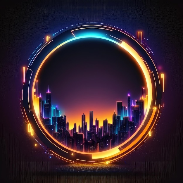 Futuristic of neon glowing in circle shape of cityscape view