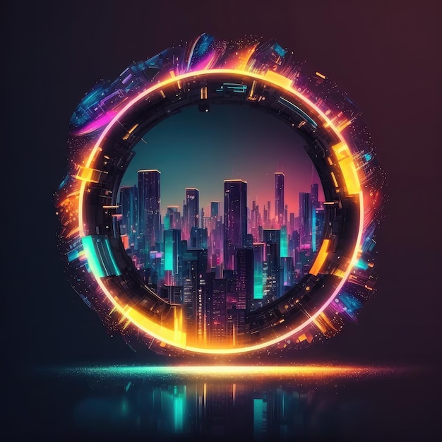 Futuristic of neon glowing in circle shape of cityscape view