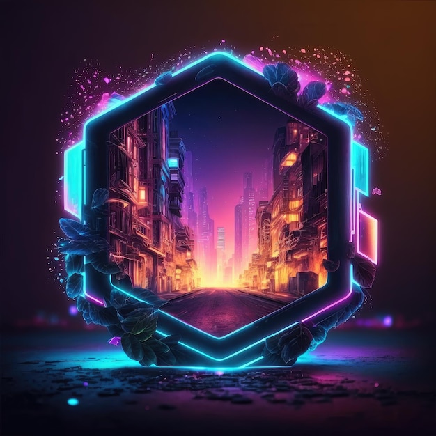 Futuristic of neon glowing in hexagon shape of cityscape view