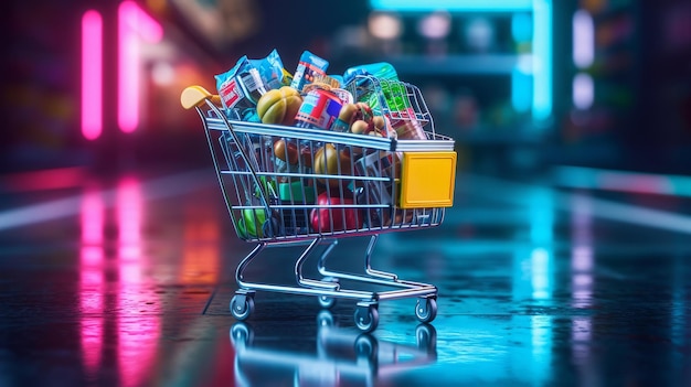 写真 未来的なネオン製の食料品ショッピングカート