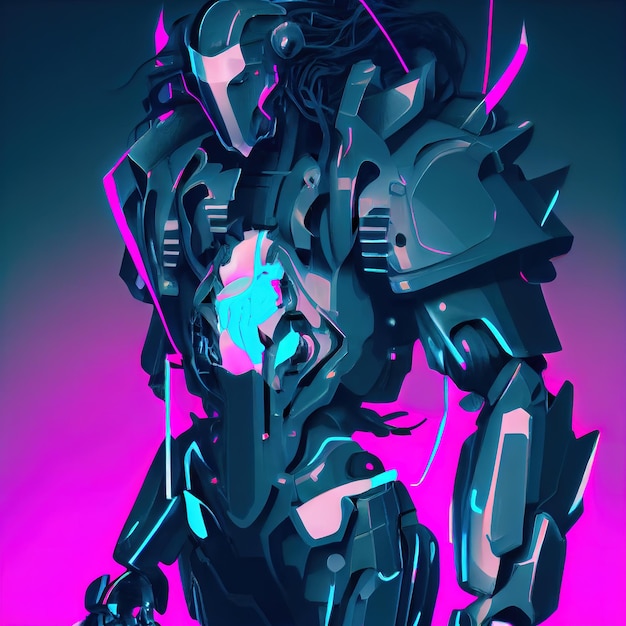 Futuristic neon knight with long hair