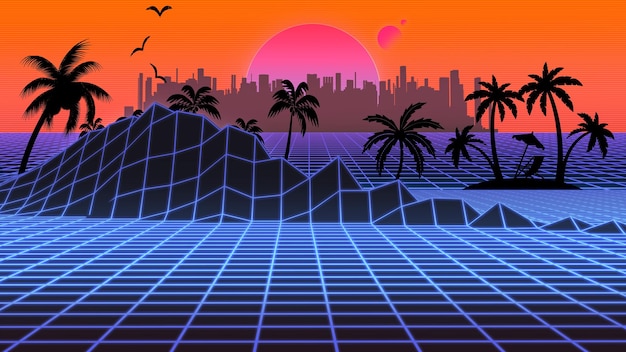 Futuristic neon landscape 1980s style retro abstract rpg gaming\
rpg background digital mountains