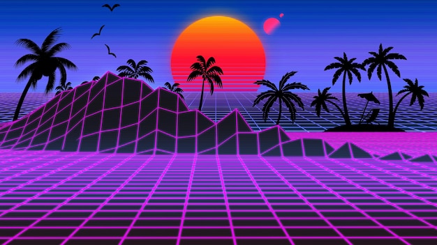 Futuristic neon landscape 1980s style retro abstract rpg gaming\
rpg background digital mountains