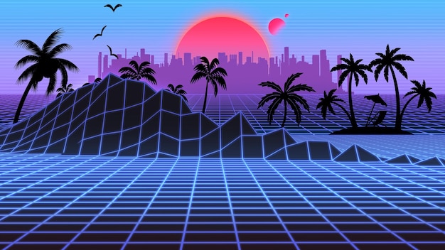 Futuristic Neon Landscape 1980s Style Retro Abstract RPG Gaming RPG Background Digital Mountains