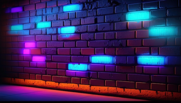 Futuristic neon lights on grunge brick wall blending retro and modern vibes