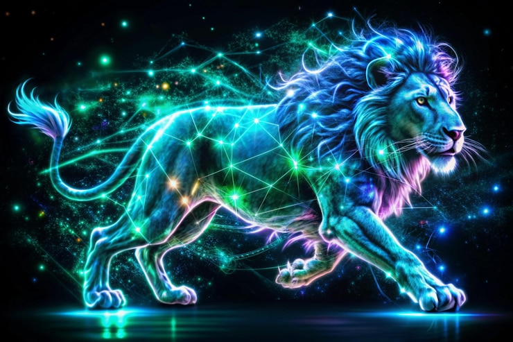 Photo futuristic neon lion portrait with vibrant color effects