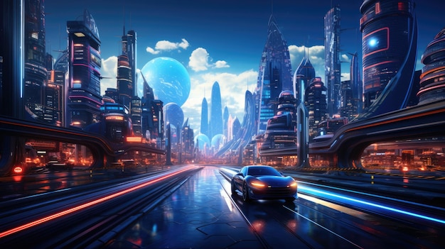 Футуристический неоновый городской пейзаж с летающими автомобилями на заднем плане, созданный с помощью генеративной технологии искусственного интеллекта