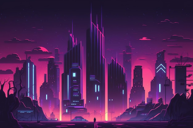 Futuristic neon night city with color Illustration in the retro wave and cyberpunk styles