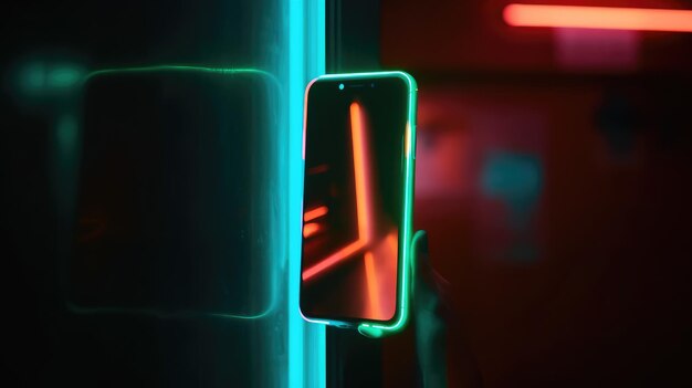 Futuristic neon phone on dark background