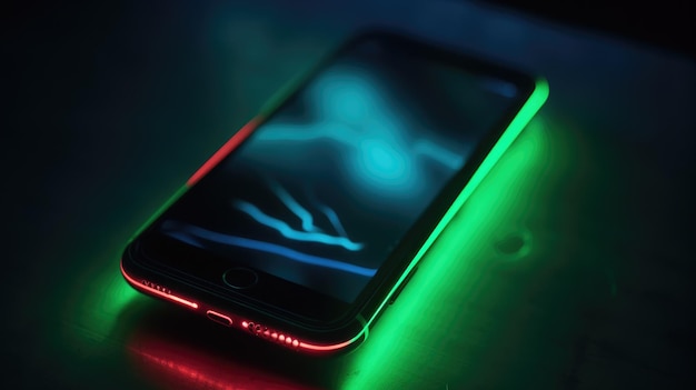 Futuristic neon phone on dark background