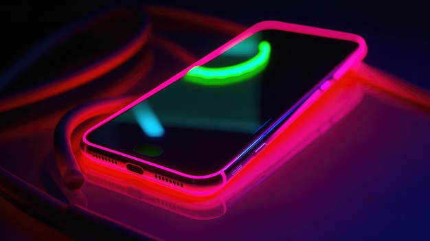 Futuristic neon phone on dark background