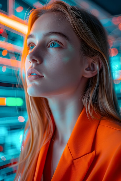 Futuristic Neon Portrait of a Young Woman Gazing Upward with a Thoughtful Expression in Vibrant