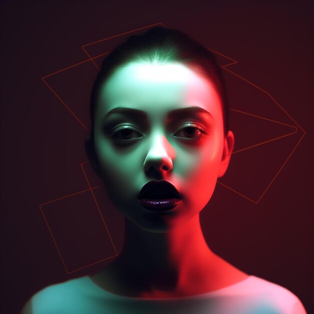 Futuristic neon portraits glamorous cyber women in vibrant hues of neon lights and geometric overlay