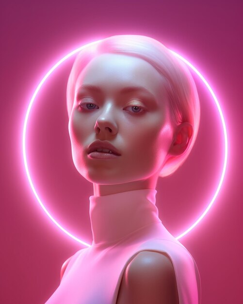 Futuristic neon portraits glamorous cyber women in vibrant hues of neon lights and geometric overlay