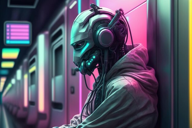 Futuristic neon robot cyborg listens to music with headphones in the subway illustration Generative AI