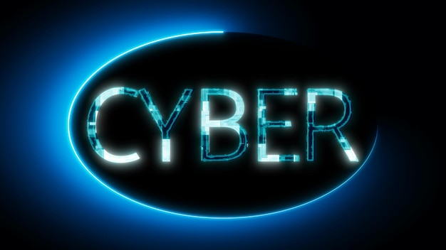 Futuristic neon sign with the word CYBER glowing in blue on a dark background