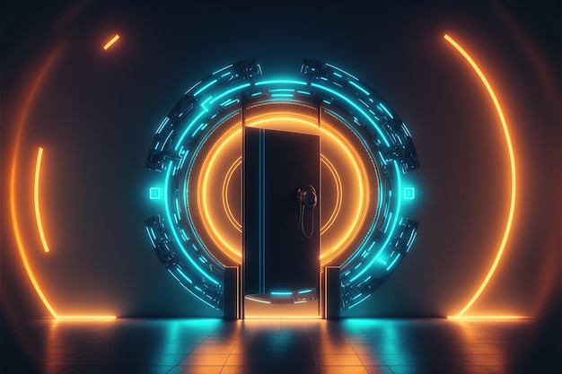 Photo futuristic neon time portal neon circle colorful neon abstract neon background dark scene with neon object in the center ai